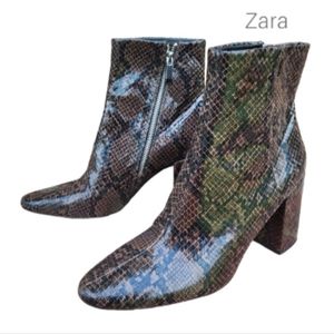 ZARA 40 Snakeskin Ankle Boot Low Top Zip Block Heel Brown Black Women 9 Faux